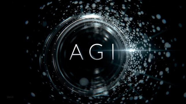 AGI. Artificial General Intelligence. A glowing, futuristic ring surrounds the letters "AGI" against a dark background, emitting digital and cosmic light effects.