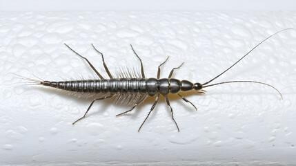 Silverfish an insect from the Lepismatidae family with long Terminalfilum and Cerci at a white wall