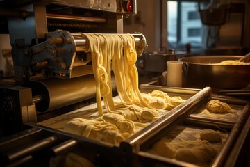 Fresh pasta being made by a machine in a restaurant kitchen