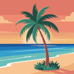 Obraz premium Palm Tree on Beach at Sunset Illustration ocean