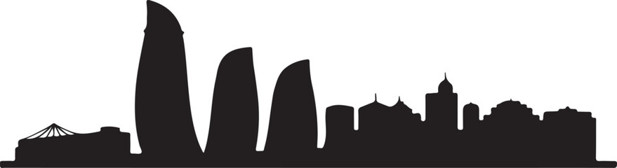 Black silhouette of Baku skyline, includes Flame Towers, Caspian waterfront, modern Azerbaijani skyline vector