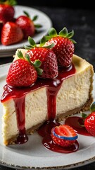 A classic New York-style cheesecake topped with a rich layer of strawberry compote and fresh strawberries on top