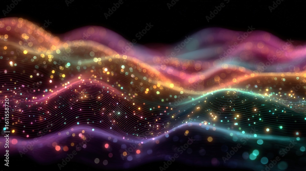 Poster colorful glowing waves of light and particles create an abstract, dynamic digital landscape with flo