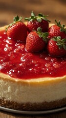 A classic New York-style cheesecake topped with a rich layer of strawberry compote and fresh strawberries on top