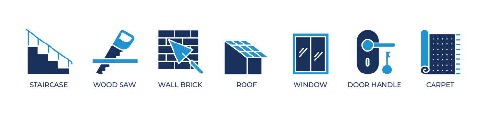 Complete Home Build Icons set vector illustration blue  outline with Staircase, Wood saw, Wall brick, Roof, Window, Door handle, Carpet