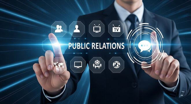 Businessman Activating Public Relations Concept on Virtual Screen