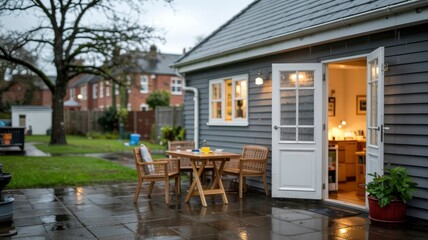 Cozy Patio with French Doors Leading to Home Office on a Rainy Day