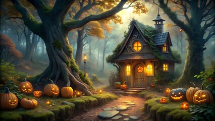 Photo of a charming, glowing cottage in an enchanted forest is surrounded by carved pumpkins and lit by warm lights