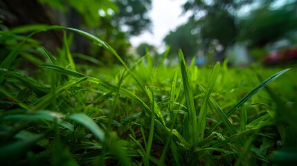 Close-up view of vibrant green grass blades.