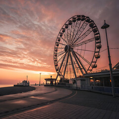 Ferris wheel centered in frame at twilight with a glowing sky and soft lights.