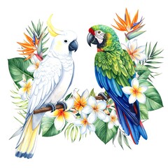 Obraz premium Tropical birds in floral wreath