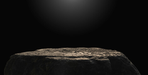 Stone, Rock brown Podium isolated on Dark Wall Studio light black Backgrounds well stage stand Display products advertising design and free space for text presentation, clipping paths