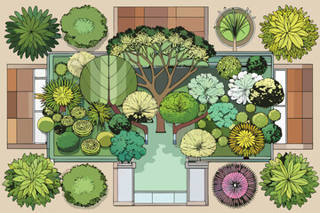 Overhead Garden Plan Illustration Featuring Trees Shrubs and Decorative Elements
