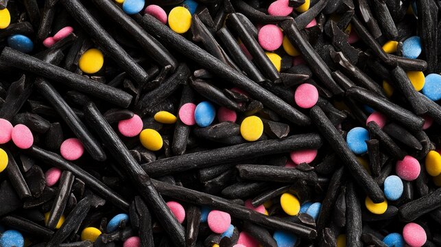 Close-up of black chocolate sprinkles and colorful candy dots.