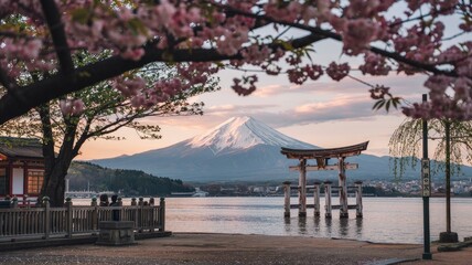 Serene Sunset at Lake Ashi with Mount Fuji and Cherry Blossoms