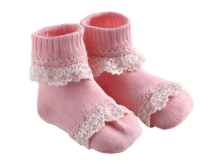 Cute pink baby socks with lace trim for infant fashion and comfort on white background 