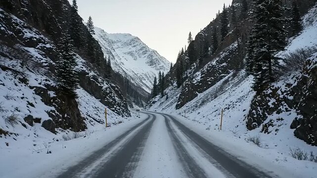 Snowy mountain road winding through a valley