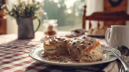 Southern style biscuits sausage gravy on a checkered tablecloth with farmhouse dcor
