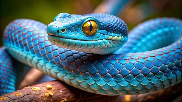 Closeup of a vibrant blue snake with striking yellow eyes