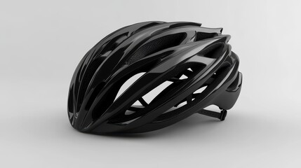 Glossy black bicycle helmet, safety gear, cycling equipment.