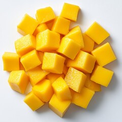 Fresh, vibrant yellow mango cubes neatly arranged on a white surface, showcasing the juicy and ripe texture of the fruit.