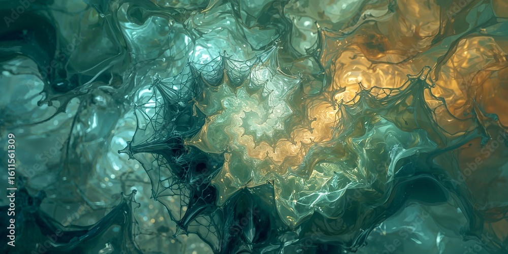 Wall mural abstract teal and gold fractal pattern with swirling designs and intricate web like formations visib