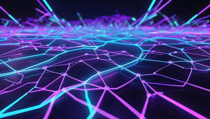 Fototapeta premium Abstract digital landscape with glowing blue and purple lines, futuristic representation.