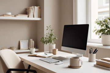 A well-lit and organized home office setup in a compact space, featuring a light wooden desk with a laptop, plant, and framed artwork on the wall, creating  aesthetically pleasing workspace