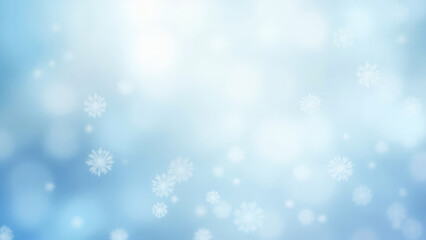 Winter background with soft blue and white bokeh effect and scattered snowflake shapes in a blurred, dreamy atmosphere