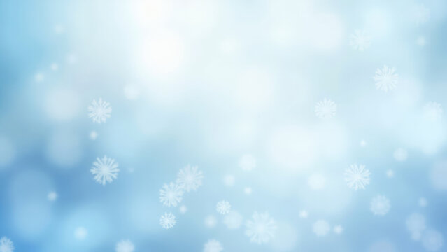 Winter background with soft blue and white bokeh effect and scattered snowflake shapes in a blurred, dreamy atmosphere