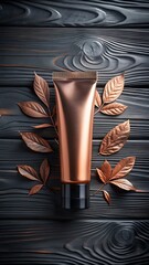 Obraz premium A bronze cosmetic tube surrounded by autumn leaves on dark wood