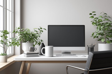 Obraz premium A well-lit and organized home office setup in a compact space, featuring a light wooden desk with a laptop, plant, and framed artwork on the wall, creating aesthetically pleasing workspace