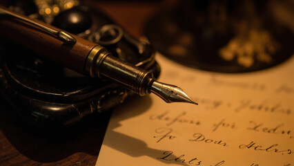 Fototapeta premium Antique fountain pen resting on a black inkwell with handwritten script on aged paper in warm lighting