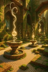 Levitating Fountains Spiraling Upward in Mossy Zen Garden at Sunrise with Glowing Orbs and Ancient Stone Architecture