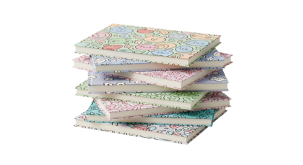 Stack of Colorful Notebooks with Patterned Covers on Transparent Background