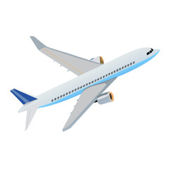 Naklejka premium Passenger Airplane Vector – Commercial Jet Illustration, White Aircraft with Blue Tail, Travel and Aviation Icon for Transport, Flight, Airline, or Tourism
