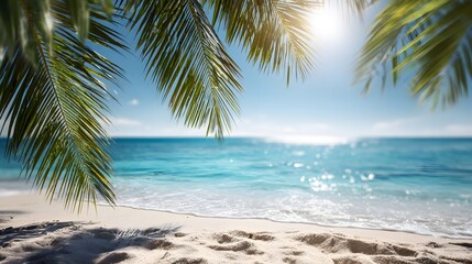Tropical beach scene with palm fronds.