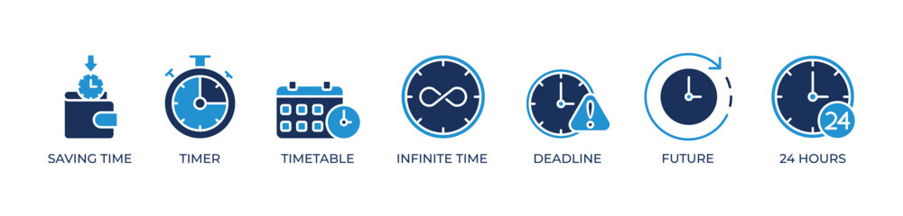 Time Optimization Icons set vector illustration blue with Saving time, Timer, Timetable, Infinite time, Deadline, Future, 24 hours
