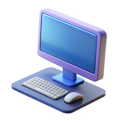 Fototapeta premium Modern purple computer monitor with keyboard and mouse on a desk isolated on transparent background