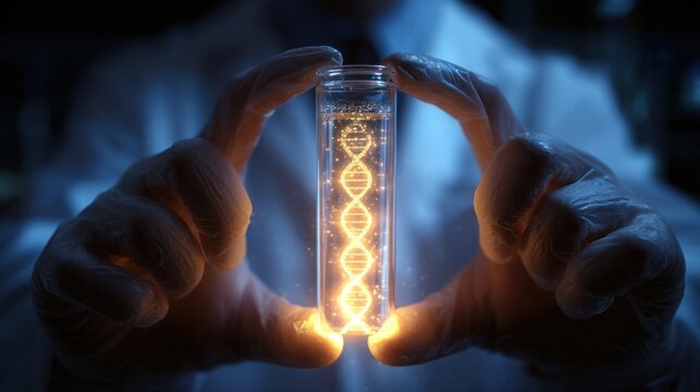 Scientist holding glowing DNA test tube - Powered by Adobe