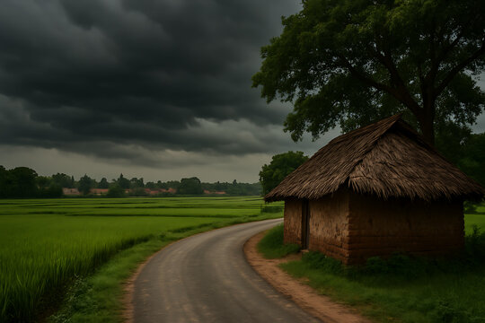 Rural Indian Village Road Before Monsoon Storm