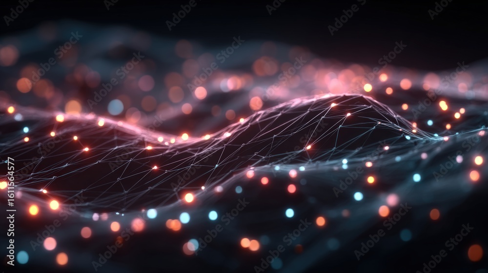 Poster abstract digital landscape with glowing network nodes and interconnected lines creating a futuristic