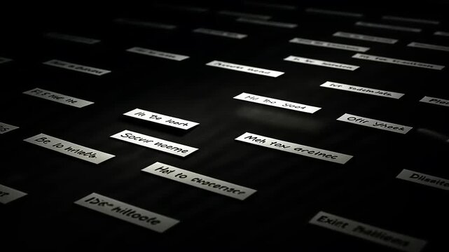 Close-up view of scattered labels with text on a dark surface, highlighting organization and categorization