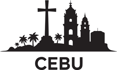 Black silhouette of Cebu skyline, includes Magellans Cross, tower blocks, Filipino coastal city on white © Team RAS