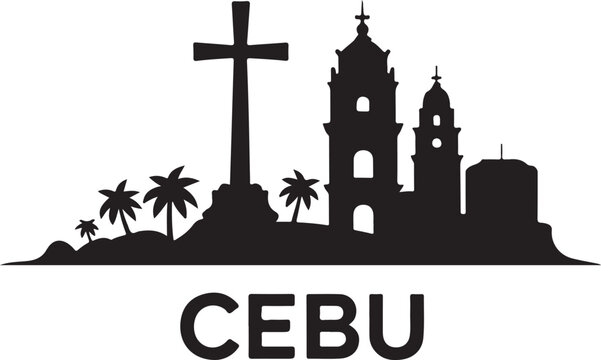 Black silhouette of Cebu skyline, includes Magellans Cross, tower blocks, Filipino coastal city on white