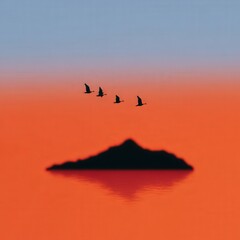 Evening river glow with mountain silhouette and birds in formation