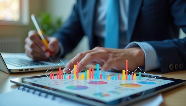 A businessman in a suit analyzes financial data on a digital tablet displaying colorful 3D bar and line graphs, symbolizing growth and performance metrics in a modern office setting.