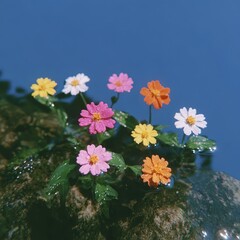Mountain spring river, flowers along edge, bees visible, clear sky reflections