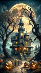 Photo of a spooky haunted mansion stands under a giant full moon, surrounded by gnarled trees and glowing jackolanterns on halloween night