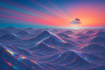 Holographic Rainbow Desert Dunes at Sunset with Floating Mirage Oasis and Laser Refractions